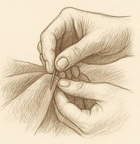 Närbild av två händer som syr för hand i tyg – symbol för hantverk och noggrannhet.